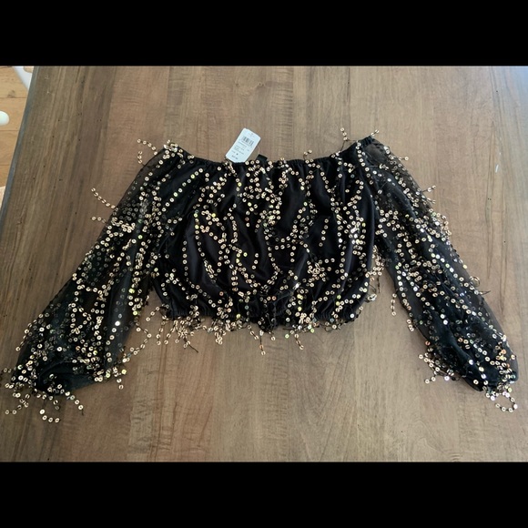 Windsor black sequence off the shoulder crop top M - Picture 2 of 4